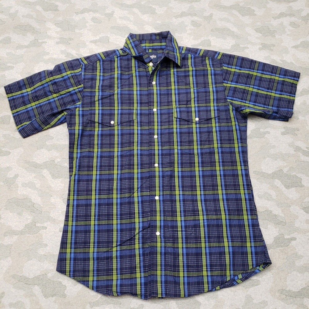 Wrangler Shirt Men's Medium Blue Pearl Snap Short Sleeve Pockets Wester Wear